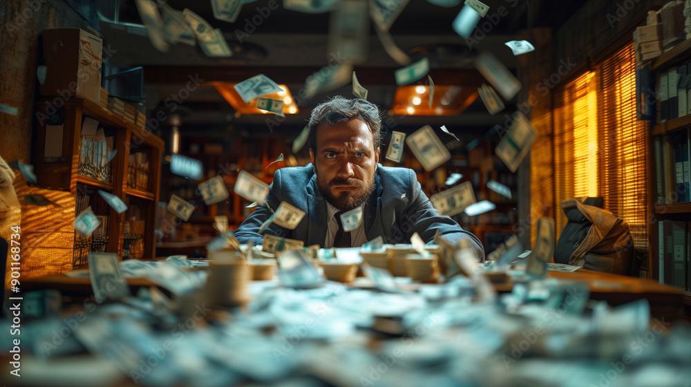 An amazed man in an office is overwhelmed by falling dollars. An amazed man in an office is overwhelmed by falling dollars.