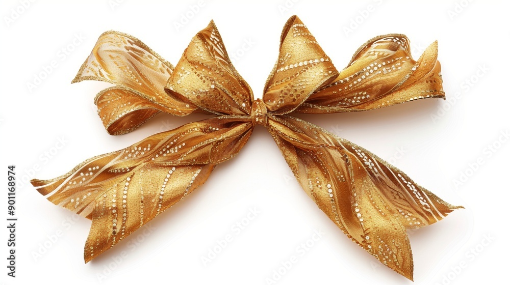 An ornate, decorative golden bow with long, beautifully draped ribbons, isolated against a pure white background.
An ornate, decorative golden bow with long, beautifully draped ribbons, isolated against a pure white background.