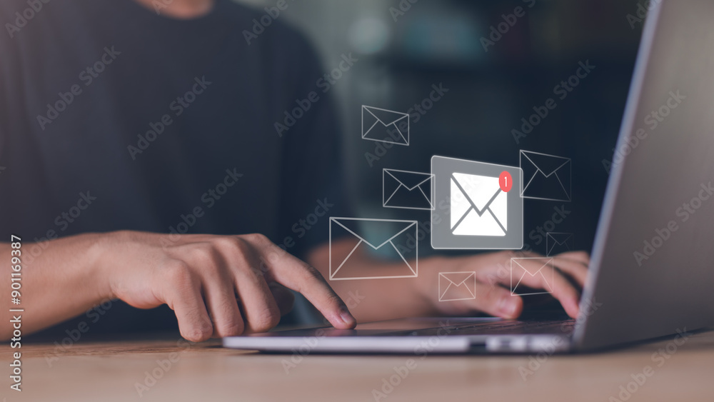 man reading electronic mail ,Email marketing and newsletter concept,Digital communication with email messages,Sending and receiving messages online with the email icon ,notifications