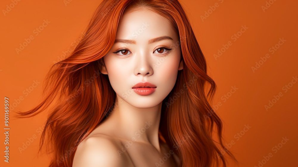 Portrait of a beautiful, sexy, smiling Asian woman with long red hair and perfect skin, orange background, banner. Portrait of a beautiful, sexy, smiling Asian woman with long red hair and perfect skin, orange background, banner.