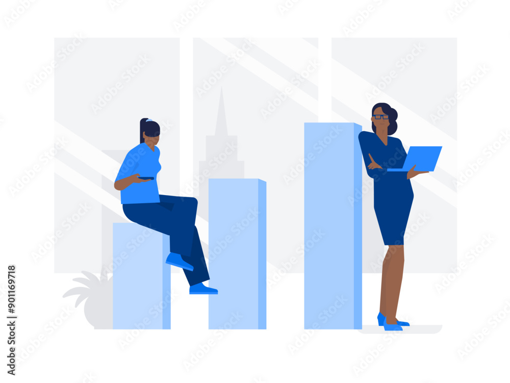 Two female marketers against background of business analytics Two female marketers against background of business analytics