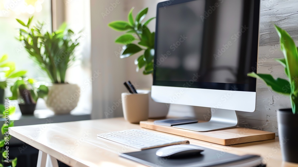 A computer monitor on a desk in a home office with a plant and a window. A computer monitor on a desk in a home office with a plant and a window.