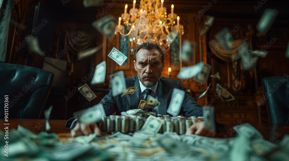 Obraz premium Shocked, a man in an office is surrounded by falling money.