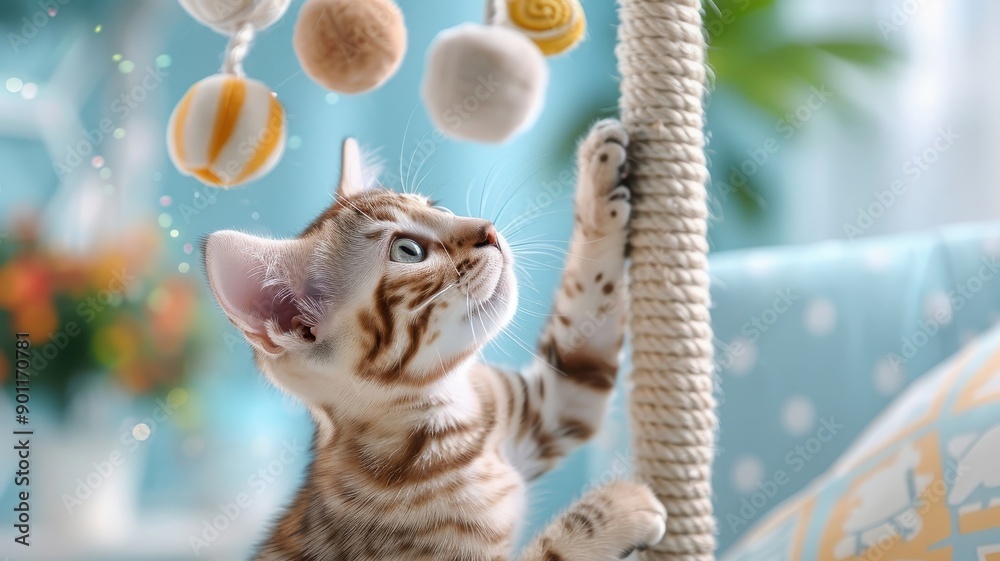 Obraz premium Bengal cat playfully interacting with hanging toys in a vibrant, contemporary playroom filled with fun and colorful designs.