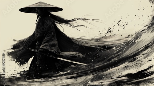 Illustration of samurai with sword and wear hat with abstract background