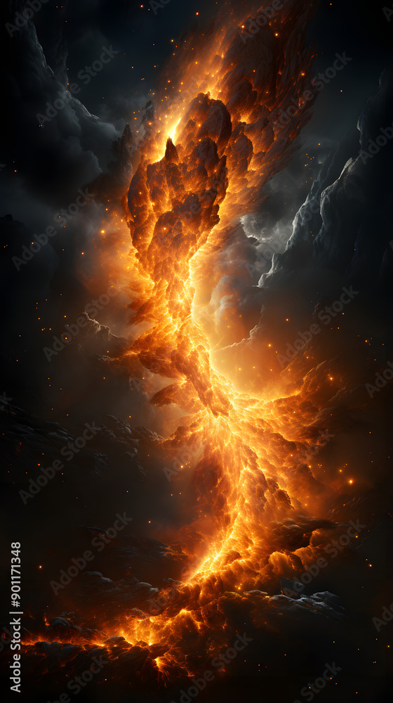 Naklejka premium A fiery nebula stretches across a dark, starry sky, resembling a blazing comet or celestial dragon.