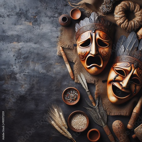 Theatrical masks on a dramatic scene photo