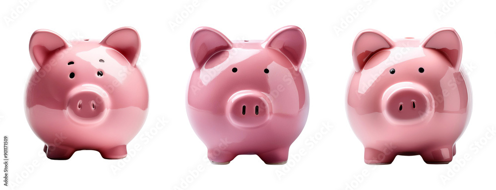 Three Pink Piggy Banks in a Row on Transparent Background - Savings and Financial Concept Three Pink Piggy Banks in a Row on Transparent Background - Savings and Financial Concept