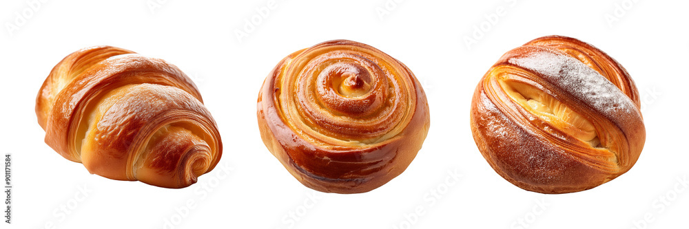 Fototapeta premium Freshly Baked Assorted Pastries - Croissant, Swirl Bun, and Custard-Filled Pastry on Transparent Background