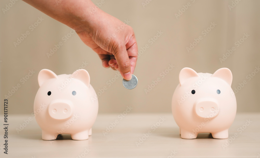 hand putting coins in pink piggy bank, Investment Selection Planning step up, saving money for future plan, retirement fund, budget, investment, finance concept.