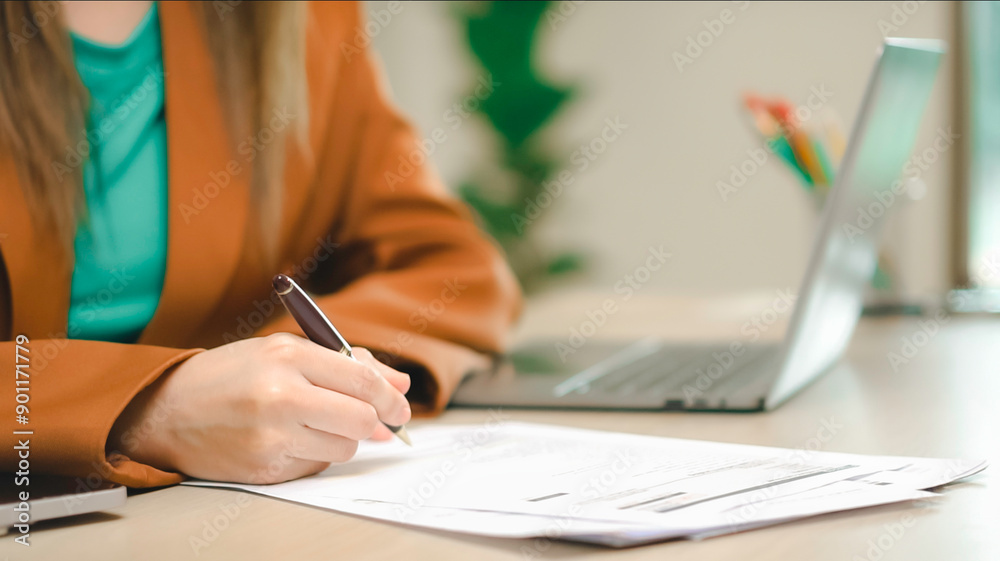 woman, hands and writing on paperwork form analyzing documents, Sign documents, loans, rent, work contracts, woman working in office, accountant, bank employee woman, hands and writing on paperwork form analyzing documents, Sign documents, loans, rent, work contracts, woman working in office, accountant, bank employee