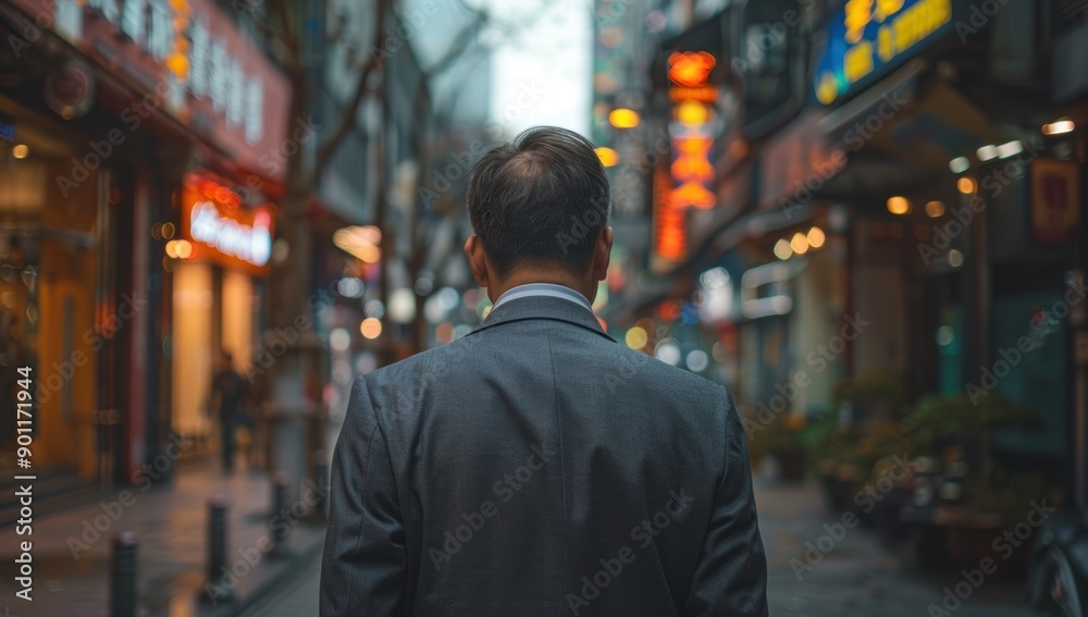 businessman walking down a busy city street at night businessman walking down a busy city street at night