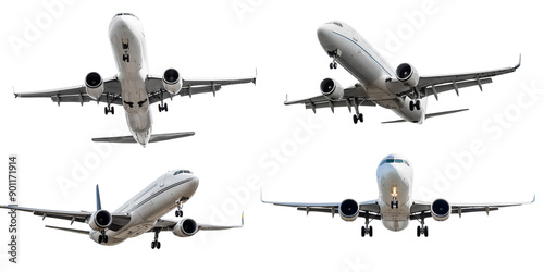 Multiple Angles of a Modern Commercial Airplane in Flight Against a Clear Sky