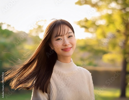 公園で笑顔の女性
