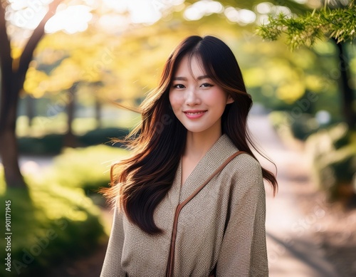 公園で笑顔の女性