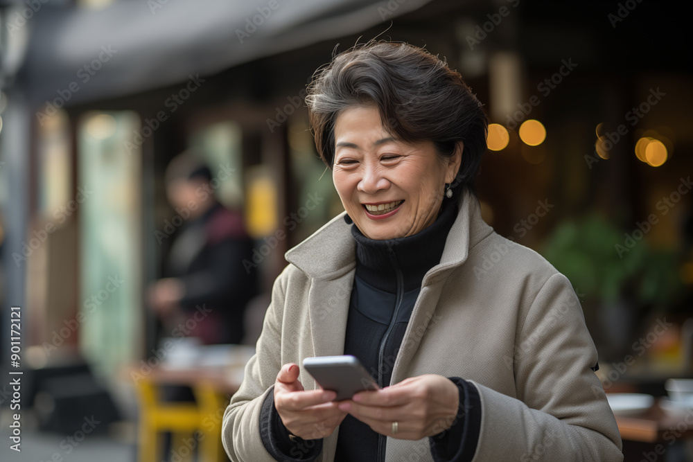 Middle aged Chinese woman at outdoors using mobile phone Middle aged Chinese woman at outdoors using mobile phone