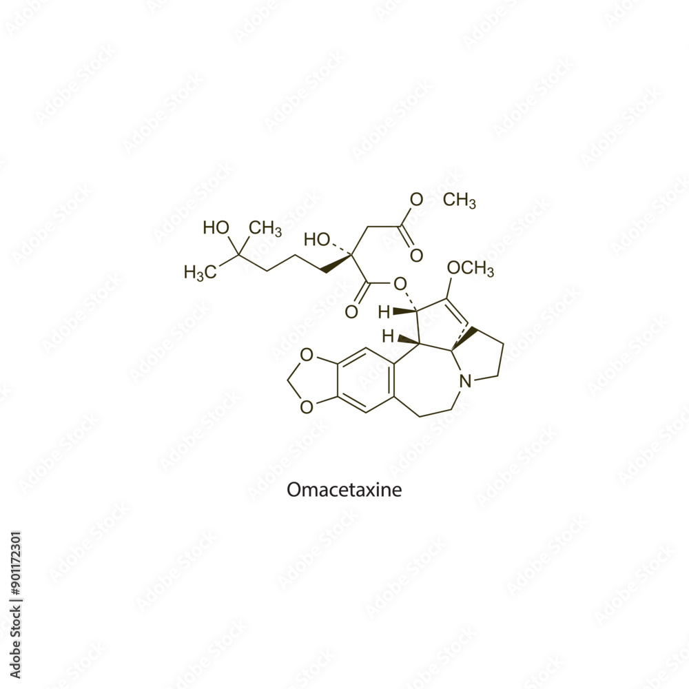 Omacetaxine flat skeletal molecular structure Antineoplastic drug used in cancer treatment. Vector illustration scientific diagram. Omacetaxine flat skeletal molecular structure Antineoplastic drug used in cancer treatment. Vector illustration scientific diagram.