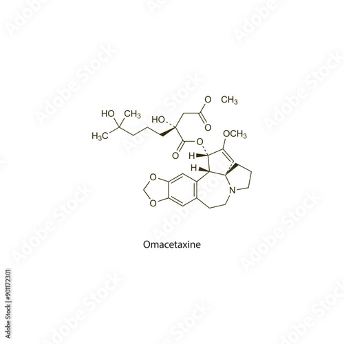 Omacetaxine flat skeletal molecular structure Antineoplastic drug used in cancer treatment. Vector illustration scientific diagram.