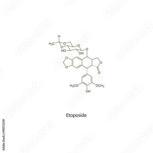 Etoposide flat skeletal molecular structure Antineoplastic drug used in cancer treatment. Vector illustration scientific diagram. photo