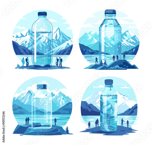 Clear pristine water cartoon vector concept. Glass jar vessel crystal mountain landscape eco spring liquid hikers nature snow forest pine forests alpine wilderness isolated artworks