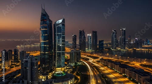 Buildings on Al Reem island in Abu Dhabi day to night time-lapse from above. generative.ai