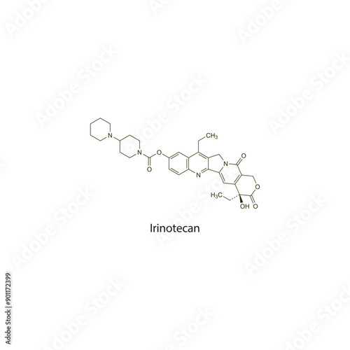 Irinotecan flat skeletal molecular structure Antineoplastic drug used in cancer treatment. Vector illustration scientific diagram.
