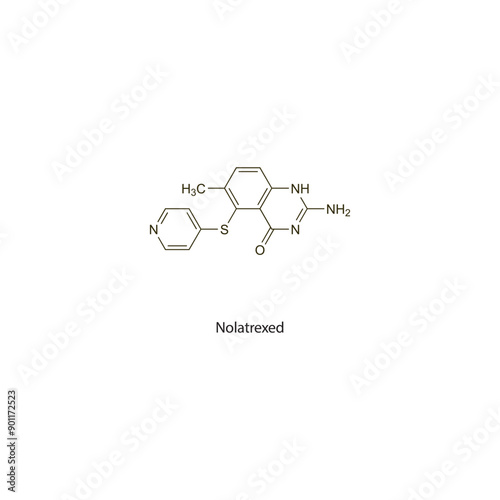 Nolatrexed flat skeletal molecular structure Antineoplastic drug used in hepatocellular carcinoma treatment. Vector illustration scientific diagram.