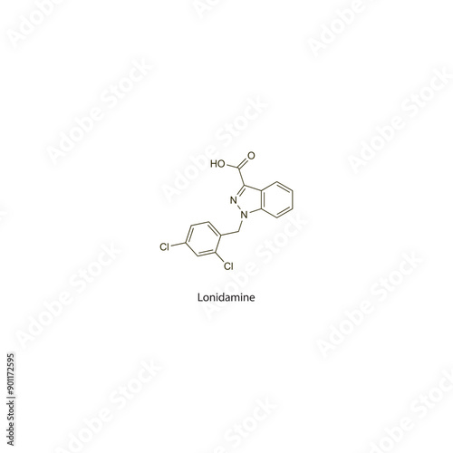 Lonidamine flat skeletal molecular structure Antineoplastic drug used in cancer treatment. Vector illustration scientific diagram.