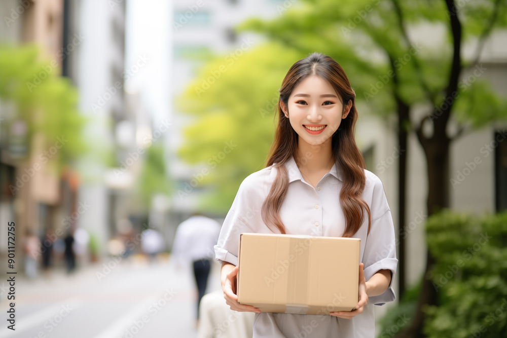 Teen pretty Japanese girl at outdoors holding delivery box Teen pretty Japanese girl at outdoors holding delivery box