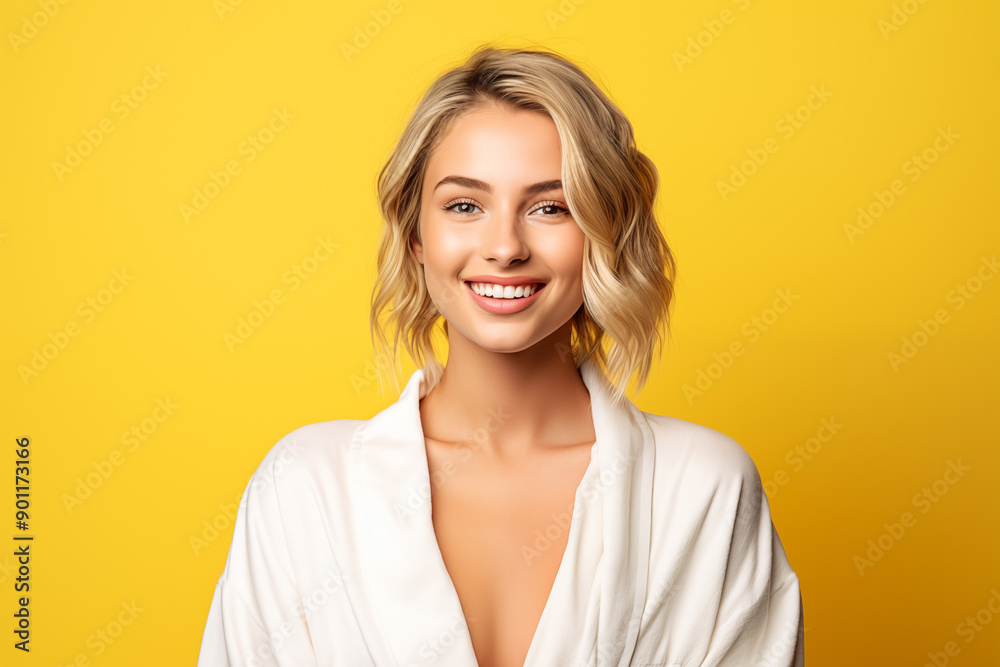 Obraz premium Young pretty blonde girl over isolated colorful background in a bathrobe