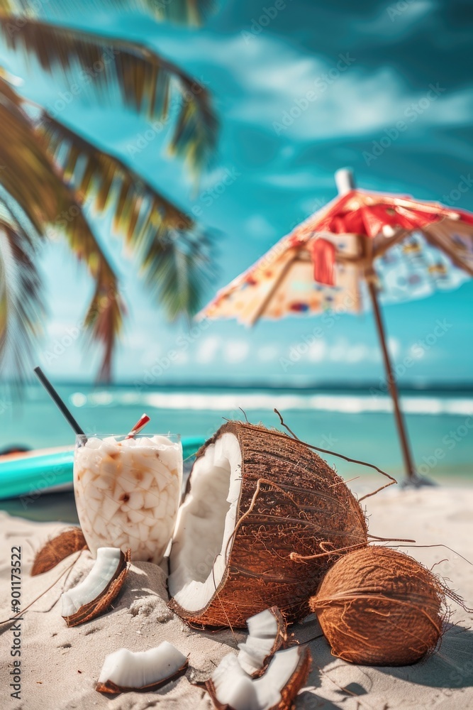 Coconuts and Umbrella on Beach Coconuts and Umbrella on Beach