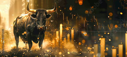 A powerful bull stands confidently before a glowing, rising stock market chart, symbolizing the strength and potential of the financial market