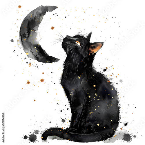 Watercolor cute minimal boho black cat with a moon, watercolor png, ai ganerated photo