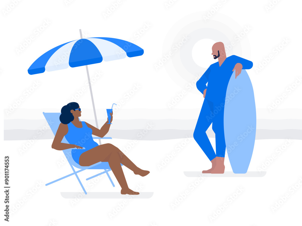Man standing with surfboard and woman sitting on chaise longue Man standing with surfboard and woman sitting on chaise longue