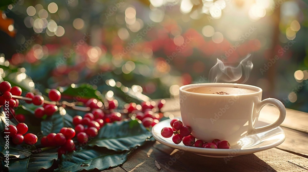 Fototapeta premium Steaming white coffee cup, blurred tree with red coffee berries, high resolution, International Coffee Day