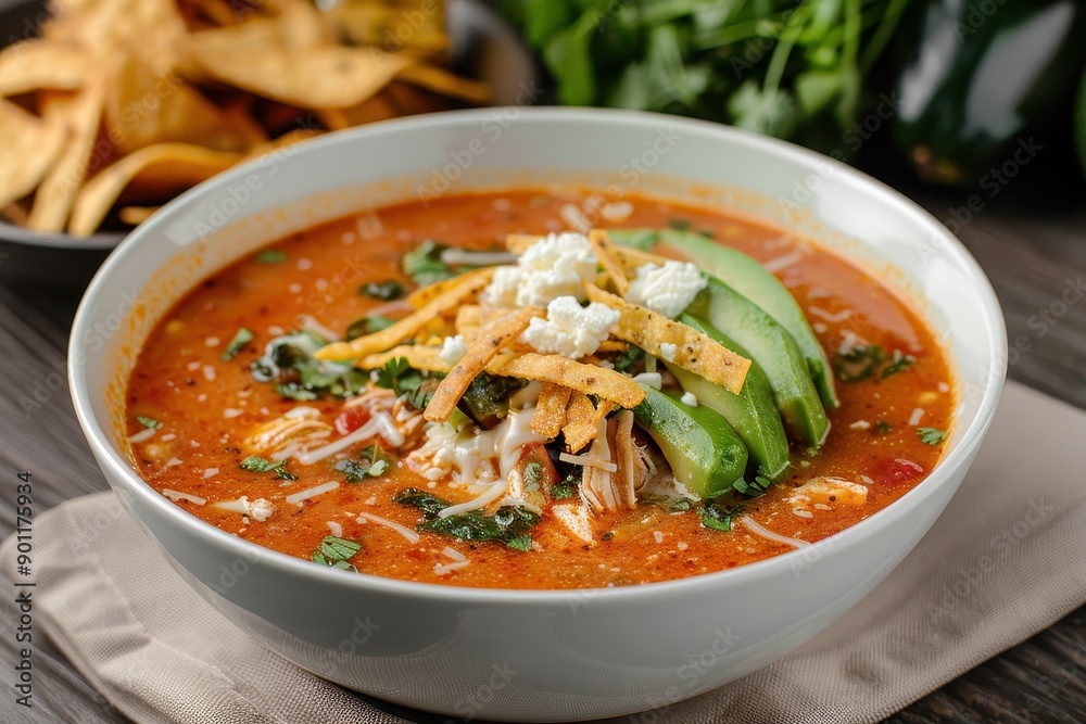 A bowl of sopa azteca, a spicy tortilla soup with a tomato base, shredded chicken, avocado, cheese, and crispy tortilla strips A bowl of sopa azteca, a spicy tortilla soup with a tomato base, shredded chicken, avocado, cheese, and crispy tortilla strips