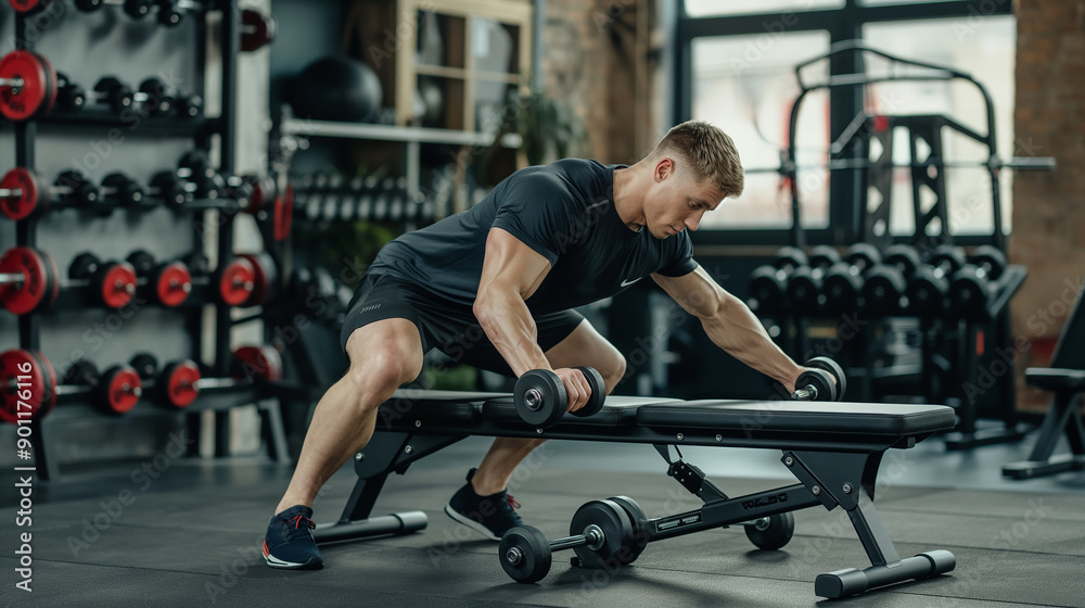 Man doing exercise with dumbbell leaning on sports bench in the gym Man doing exercise with dumbbell leaning on sports bench in the gym