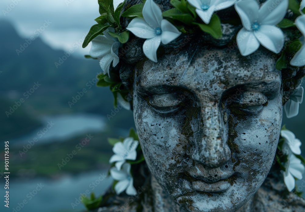 Fototapeta premium serene stone buddha statue with white flowers
