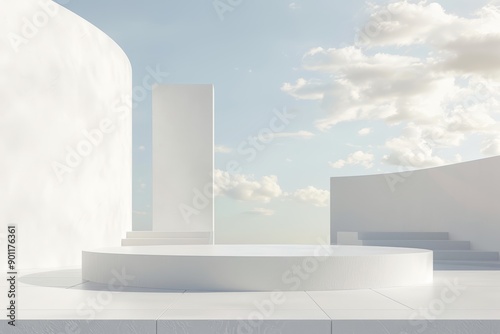 Description White archway and platform with steps against sky backdrop, adorned with greenery in vases; ideal for architectural, garden, or atmospheric concepts. Archway, platform, steps, sky, clouds,