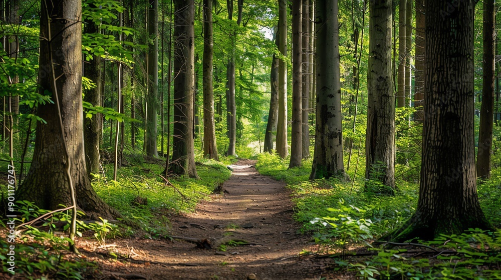 Obraz premium A forest path through tall trees.