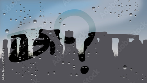 Sweaty car Glass, stonehenge  landscape, flat color illustration