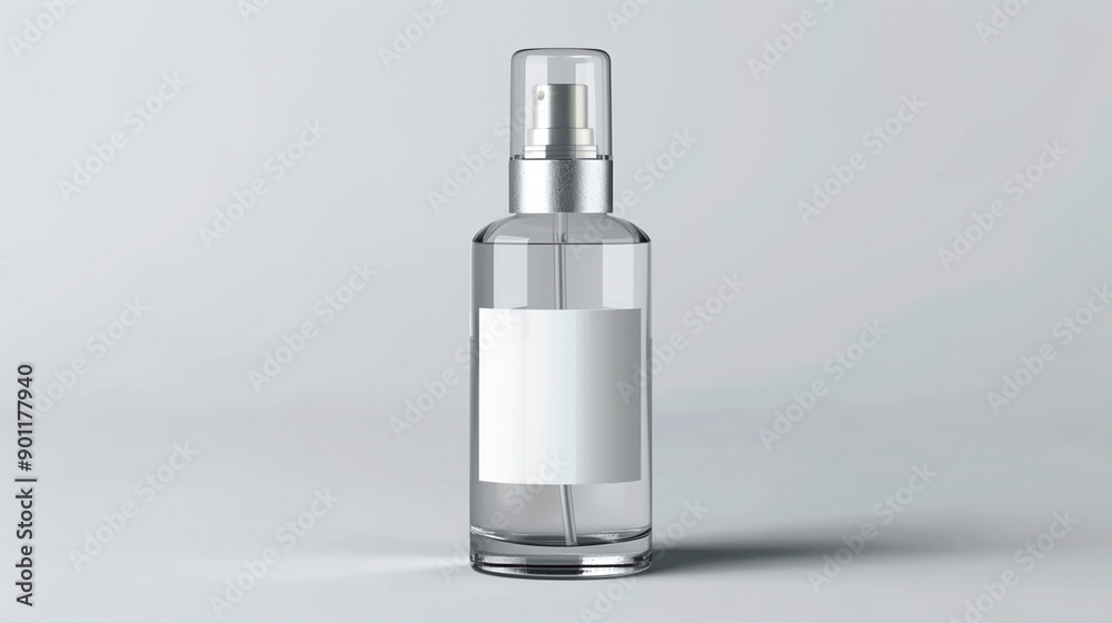 Fototapeta premium Elegant Car Freshener in Clear Glass Spray Bottle with Metal Cap, Transparent Cover, and Empty Front Label, Illuminated Against a Plain Background