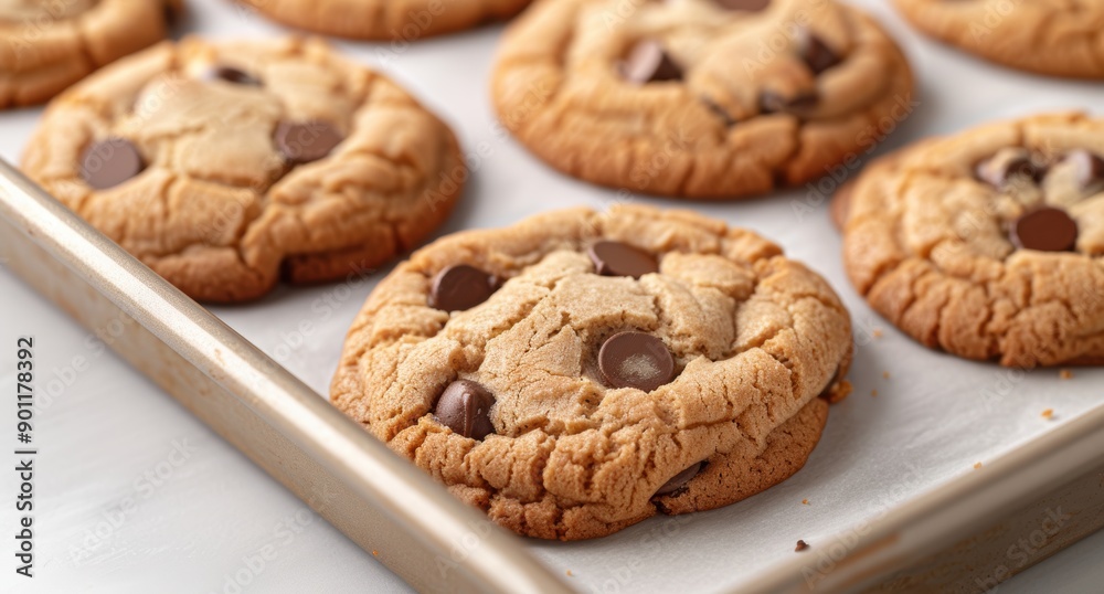 Freshly baked chocolate chip cookies on a baking sheet Freshly baked chocolate chip cookies on a baking sheet