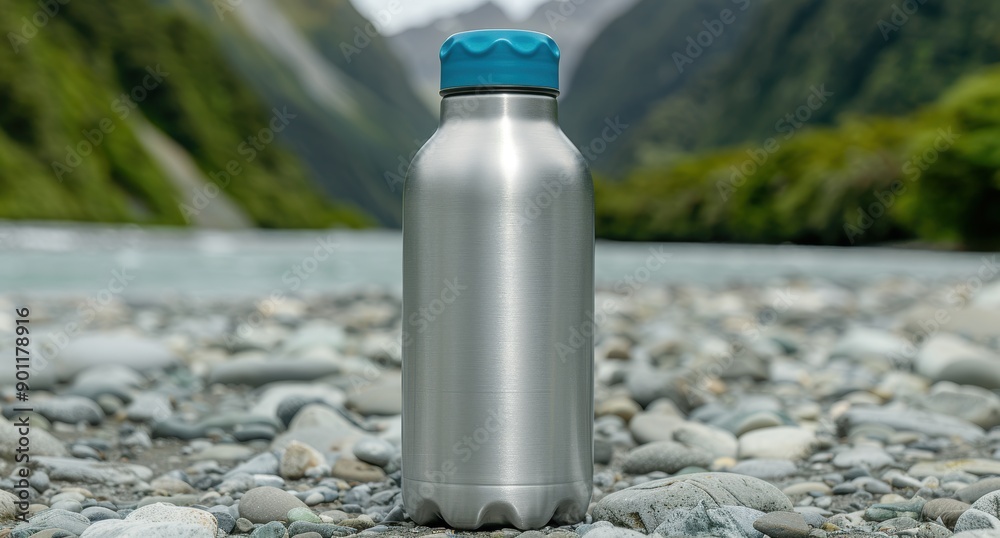 Stainless steel water bottle on rocky shore