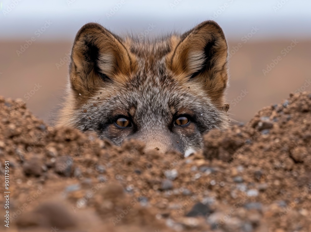 Obraz premium Curious fox peeking out from behind rocks