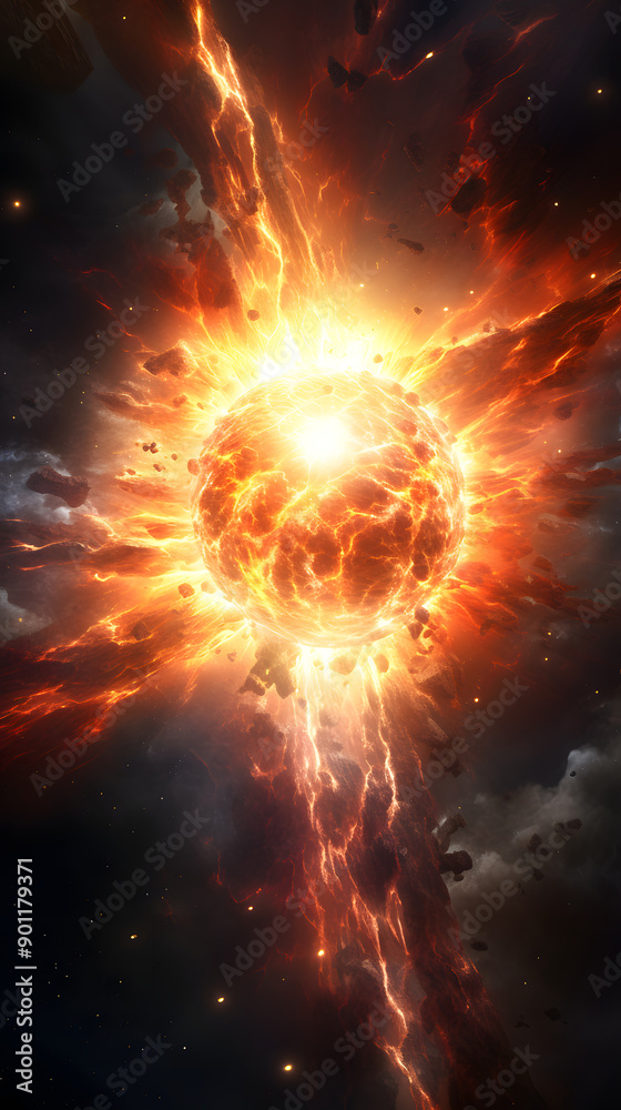 A fiery cosmic explosion erupts in space, sending debris and energy outward in a spectacular display of light and heat. A fiery cosmic explosion erupts in space, sending debris and energy outward in a spectacular display of light and heat.