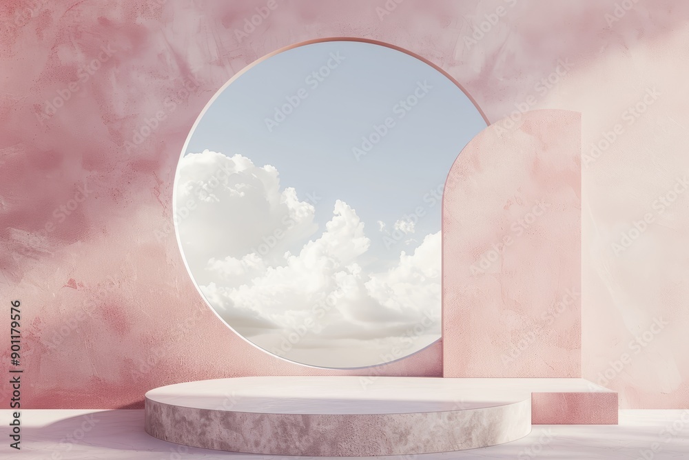 Description White archway and platform with steps against sky backdrop, adorned with greenery in vases; ideal for architectural, garden, or atmospheric concepts. Archway, platform, steps, sky, clouds,