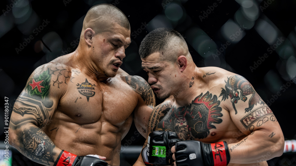 Obraz premium Fierce MMA Battle two highly focused and determined fighters engage in an intense Mixed Martial Arts (MMA) match showcasing raw strength skill, and perseverance in the heat of the fight wallpaper