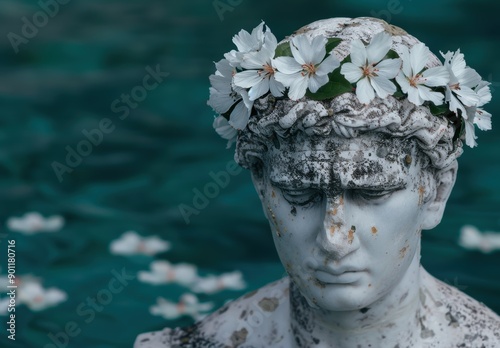 Weathered statue with white flowers photo