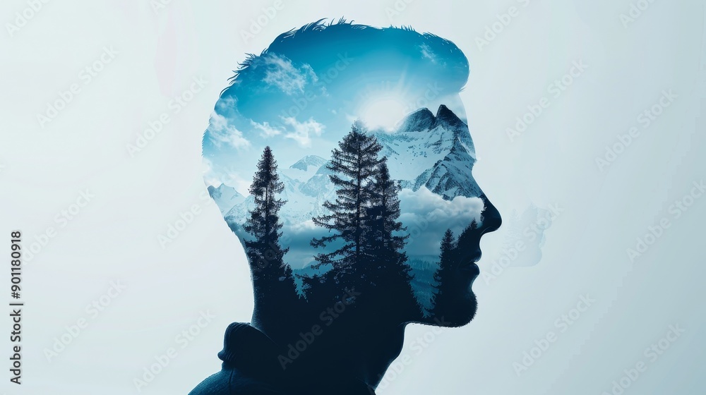 A sailor gazing into the horizon, double exposure photography blending with a futuristic digital interface and a nature landscape of mountains and forests A sailor gazing into the horizon, double exposure photography blending with a futuristic digital interface and a nature landscape of mountains and forests